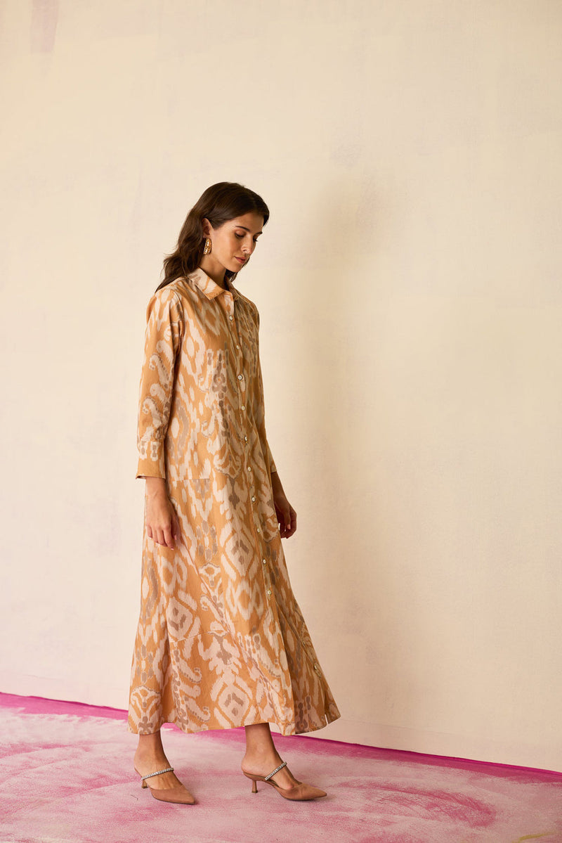 Sand Ikat Collared Shirt Dress cotton dress by World of SiSa in musturd yellow for women in Singapore