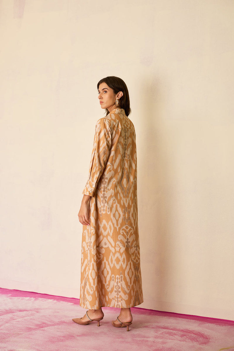 Sand Ikat Collared Shirt Dress cotton dress by World of SiSa in musturd yellow for women in Singapore