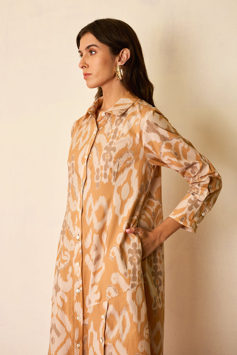 Sand Ikat Collared Shirt Dress cotton dress by World of SiSa in musturd yellow for women in Singapore