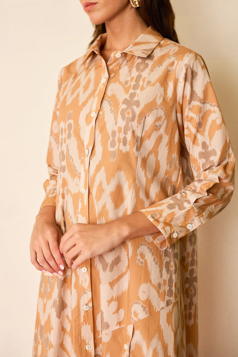 Sand Ikat Collared Shirt Dress cotton dress by World of SiSa in musturd yellow for women in Singapore
