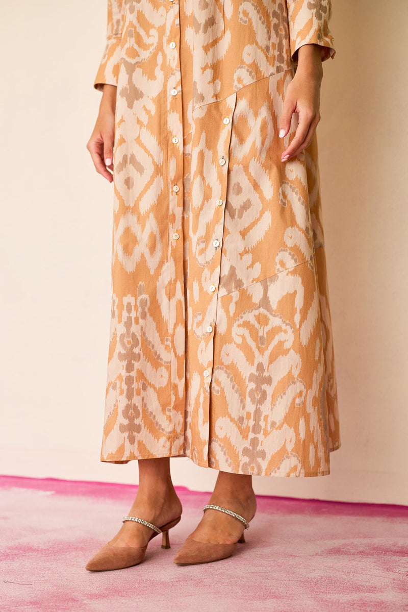 Sand Ikat Collared Shirt Dress cotton dress by World of SiSa in musturd yellow for women in Singapore