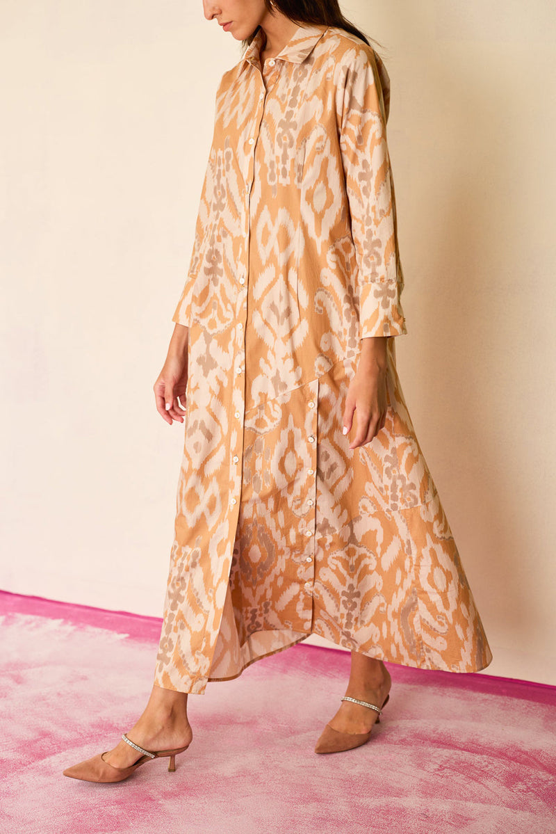 Sand Ikat Collared Shirt Dress cotton dress by World of SiSa in musturd yellow for women in Singapore