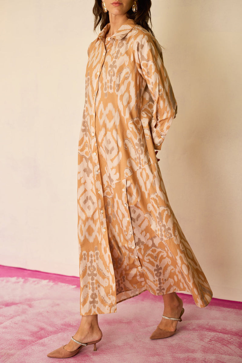 Sand Ikat Collared Shirt Dress cotton dress by World of SiSa in musturd yellow for women in Singapore