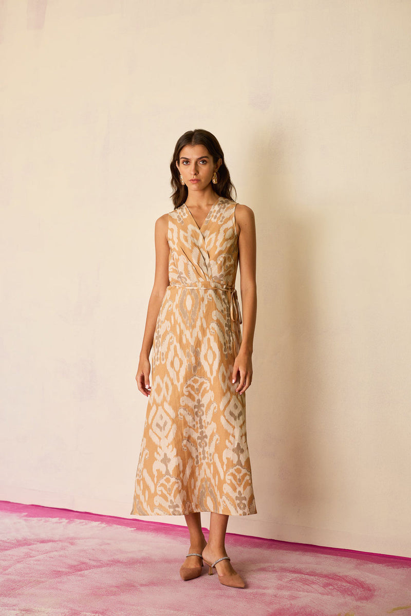 Sand Ikat Wrap Dress linen dress by World of SiSa in musturd yellow for women in Singapore