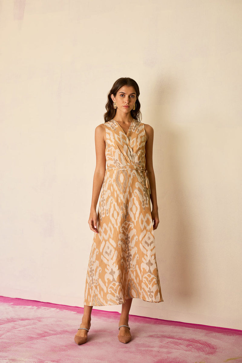 Sand Ikat Wrap Dress linen dress by World of SiSa in musturd yellow for women in Singapore