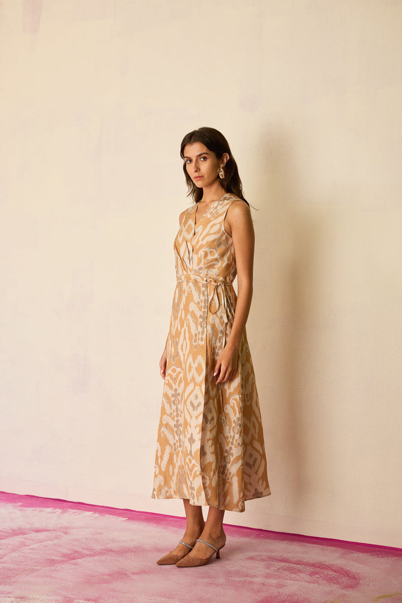 Sand Ikat Wrap Dress linen dress by World of SiSa in musturd yellow for women in Singapore