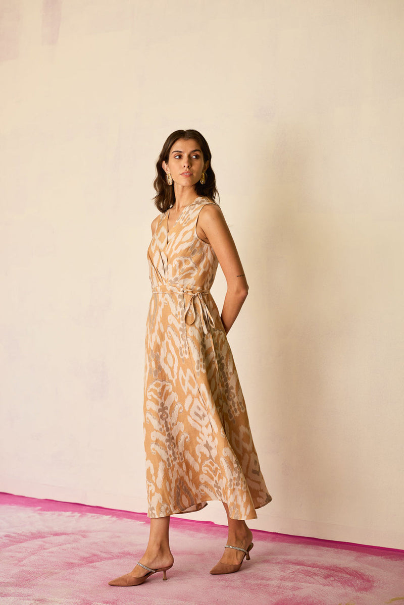 Sand Ikat Wrap Dress linen dress by World of SiSa in musturd yellow for women in Singapore
