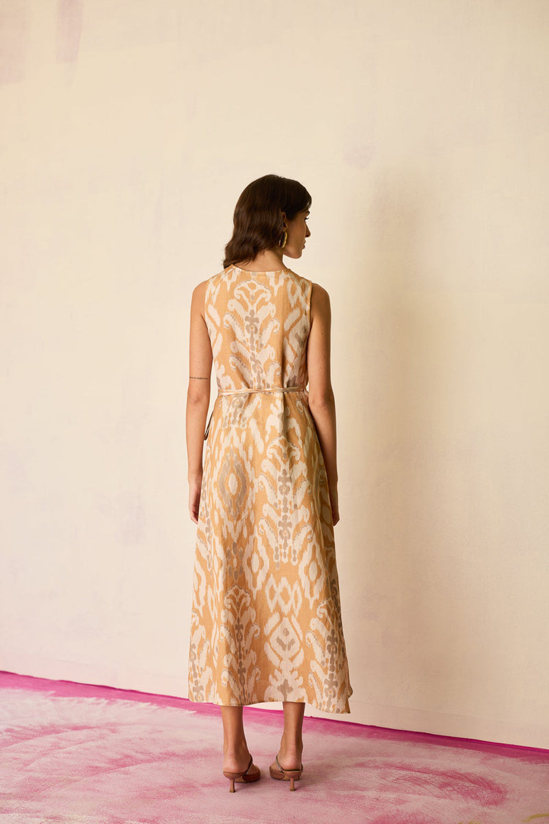 Sand Ikat Wrap Dress linen dress by World of SiSa in musturd yellow for women in Singapore