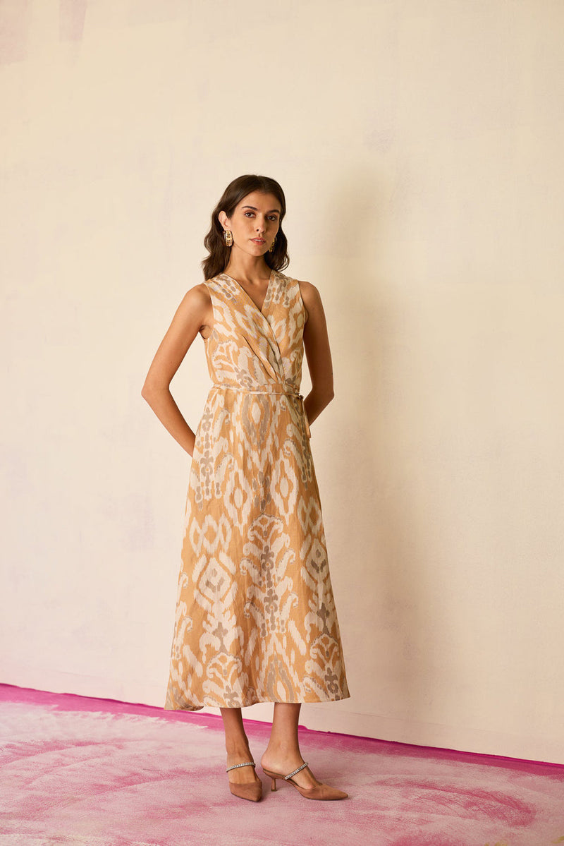 Sand Ikat Wrap Dress linen dress by World of SiSa in musturd yellow for women in Singapore