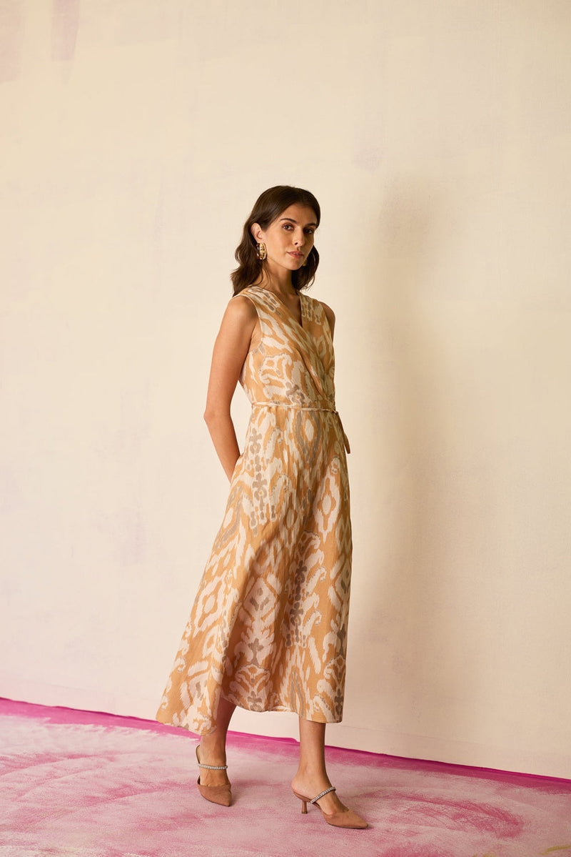 Sand Ikat Wrap Dress linen dress by World of SiSa in musturd yellow for women in Singapore