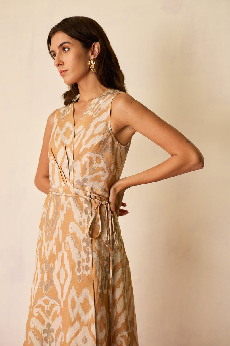 Sand Ikat Wrap Dress linen dress by World of SiSa in musturd yellow for women in Singapore
