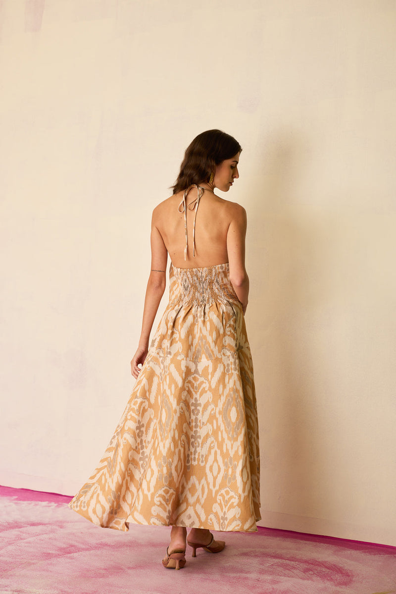 Sand Ikat Halter Neck Maxi Dress linen dress by World of SiSa in musturd yellow for women in Singapore