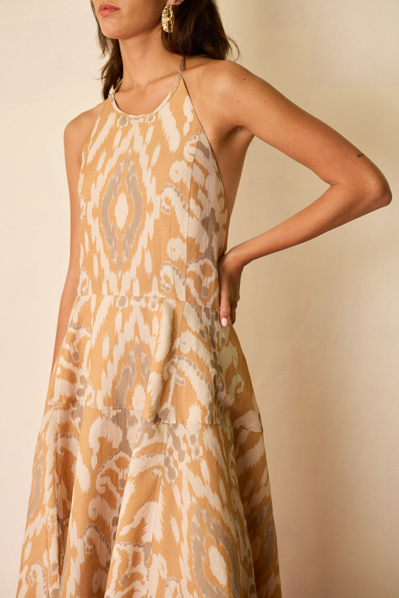 Sand Ikat Halter Neck Maxi Dress linen dress by World of SiSa in musturd yellow for women in Singapore