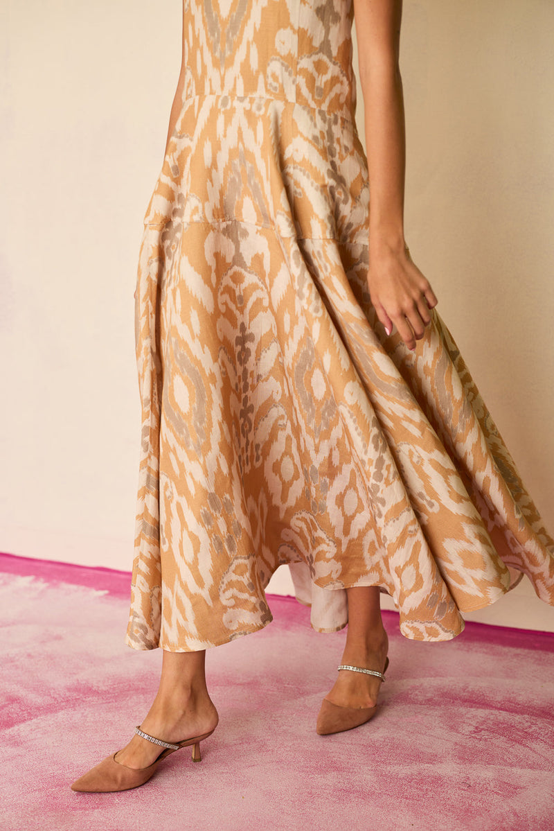 Sand Ikat Halter Neck Maxi Dress linen dress by World of SiSa in musturd yellow for women in Singapore