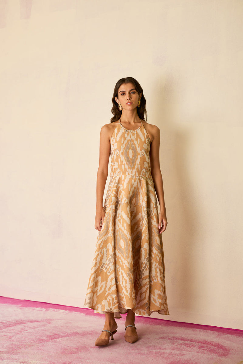 Sand Ikat Halter Neck Maxi Dress linen dress by World of SiSa in musturd yellow for women in Singapore