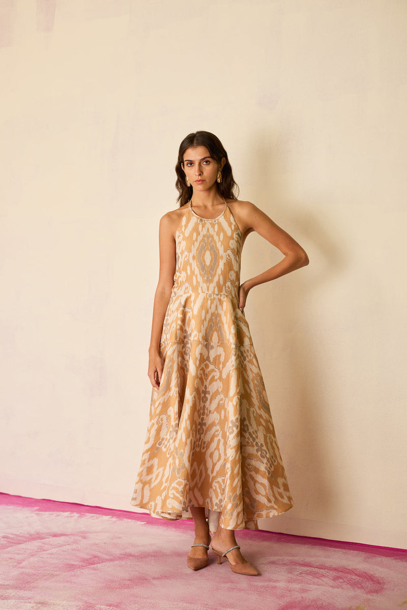Sand Ikat Halter Neck Maxi Dress linen dress by World of SiSa in musturd yellow for women in Singapore
