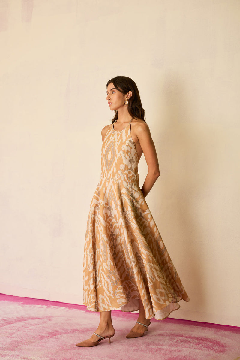 Sand Ikat Halter Neck Maxi Dress linen dress by World of SiSa in musturd yellow for women in Singapore
