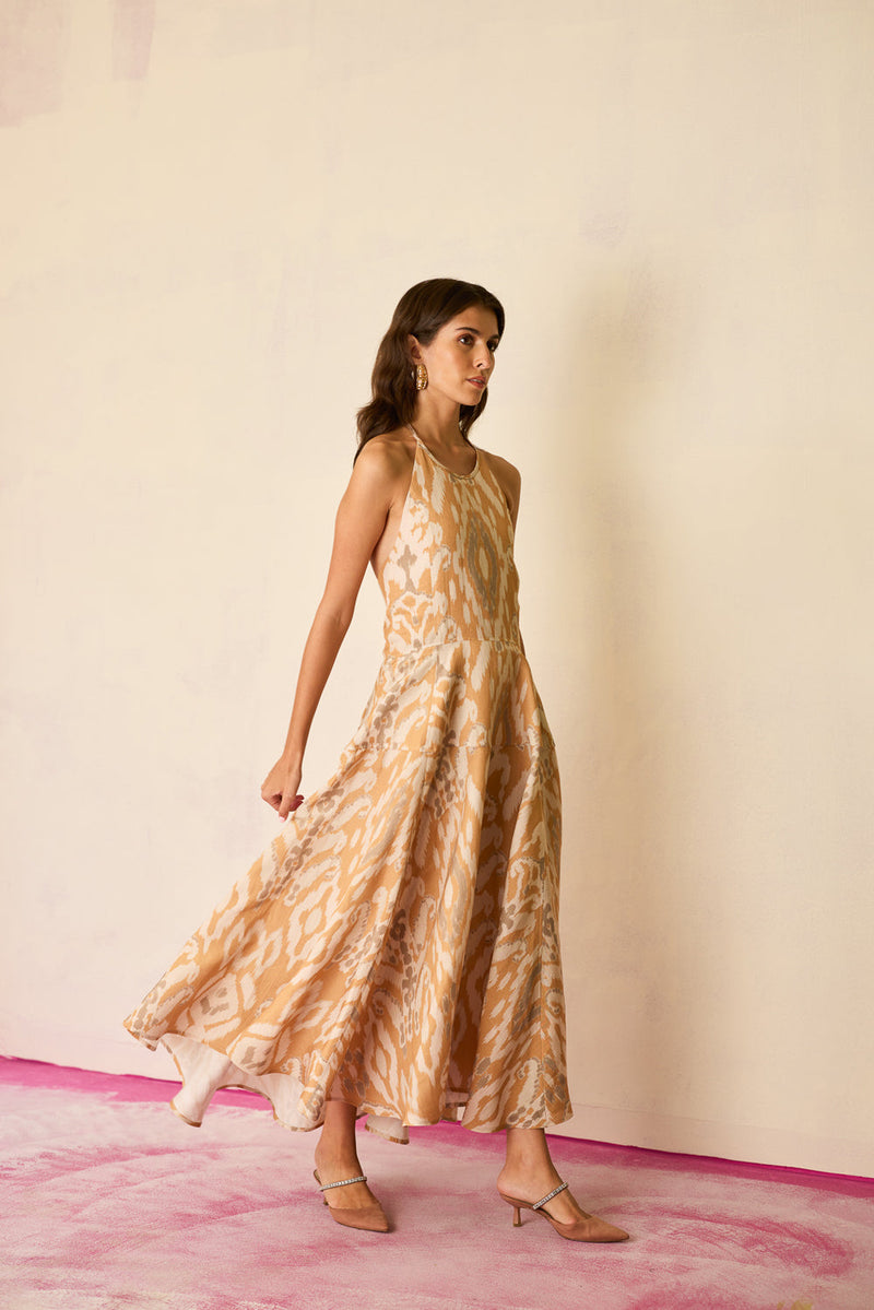 Sand Ikat Halter Neck Maxi Dress linen dress by World of SiSa in musturd yellow for women in Singapore