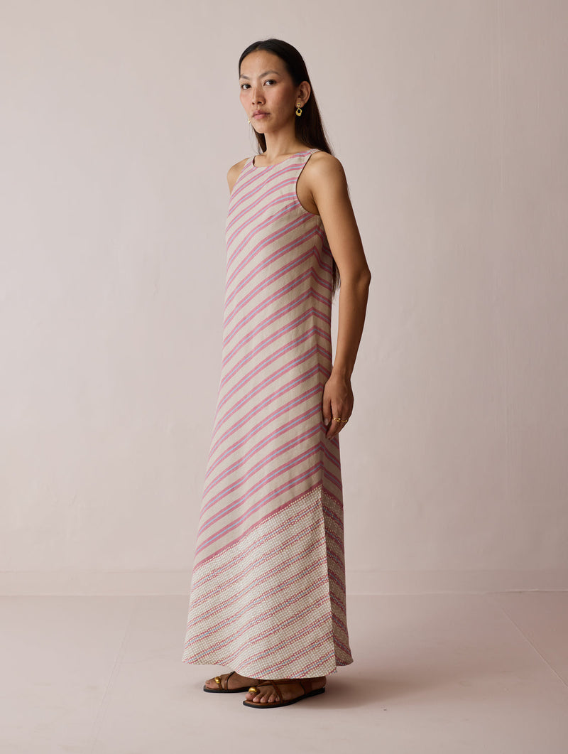 Orta Stripe Linen Bias Sleeveless Dress-Natural linen dress by Manan in off white for women in Singapore