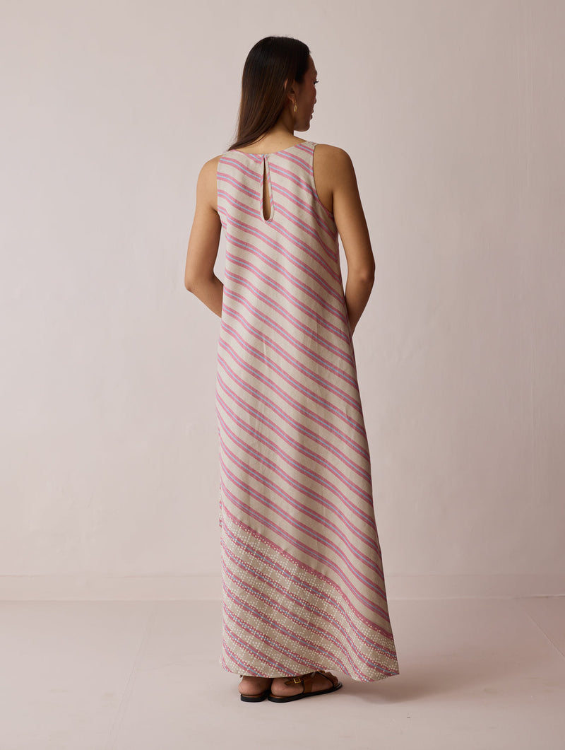 Orta Stripe Linen Bias Sleeveless Dress-Natural linen dress by Manan in off white for women in Singapore