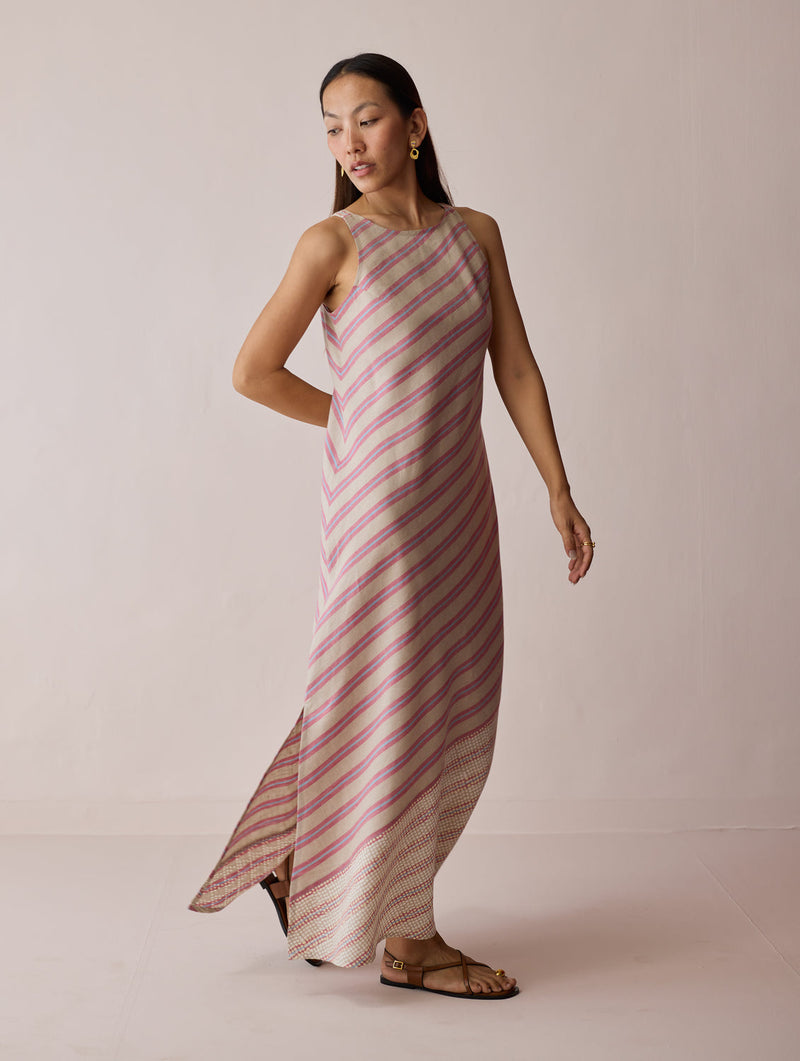Orta Stripe Linen Bias Sleeveless Dress-Natural linen dress by Manan in off white for women in Singapore