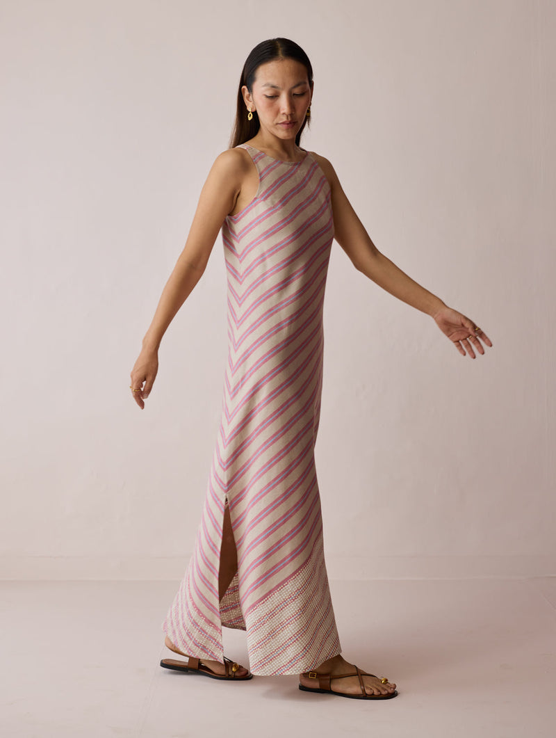 Orta Stripe Linen Bias Sleeveless Dress-Natural linen dress by Manan in off white for women in Singapore