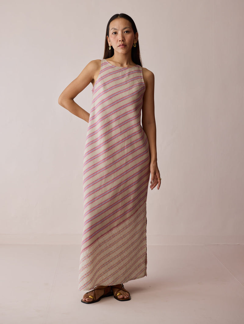 Orta Stripe Linen Bias Sleeveless Dress-Natural linen dress by Manan in off white for women in Singapore