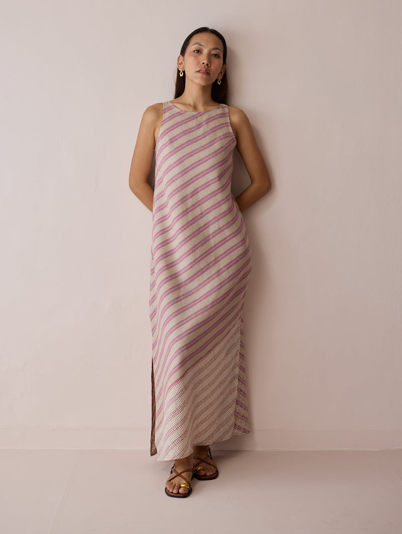 Orta Stripe Linen Bias Sleeveless Dress-Natural linen dress by Manan in off white for women in Singapore