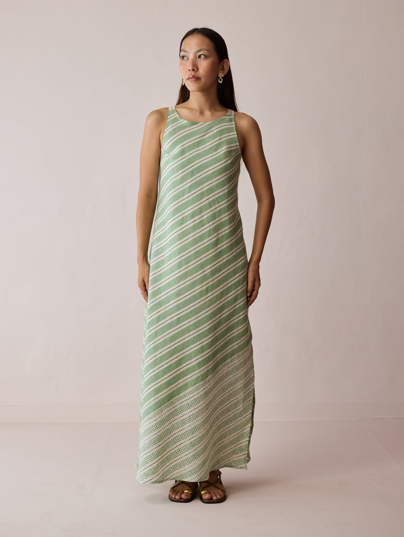 Orta Stripe Linen Bias Sleeveless Dress-Fern linen dress by Manan in green for women in Singapore