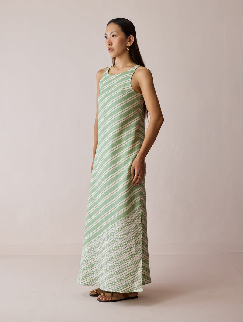 Orta Stripe Linen Bias Sleeveless Dress-Fern linen dress by Manan in green for women in Singapore