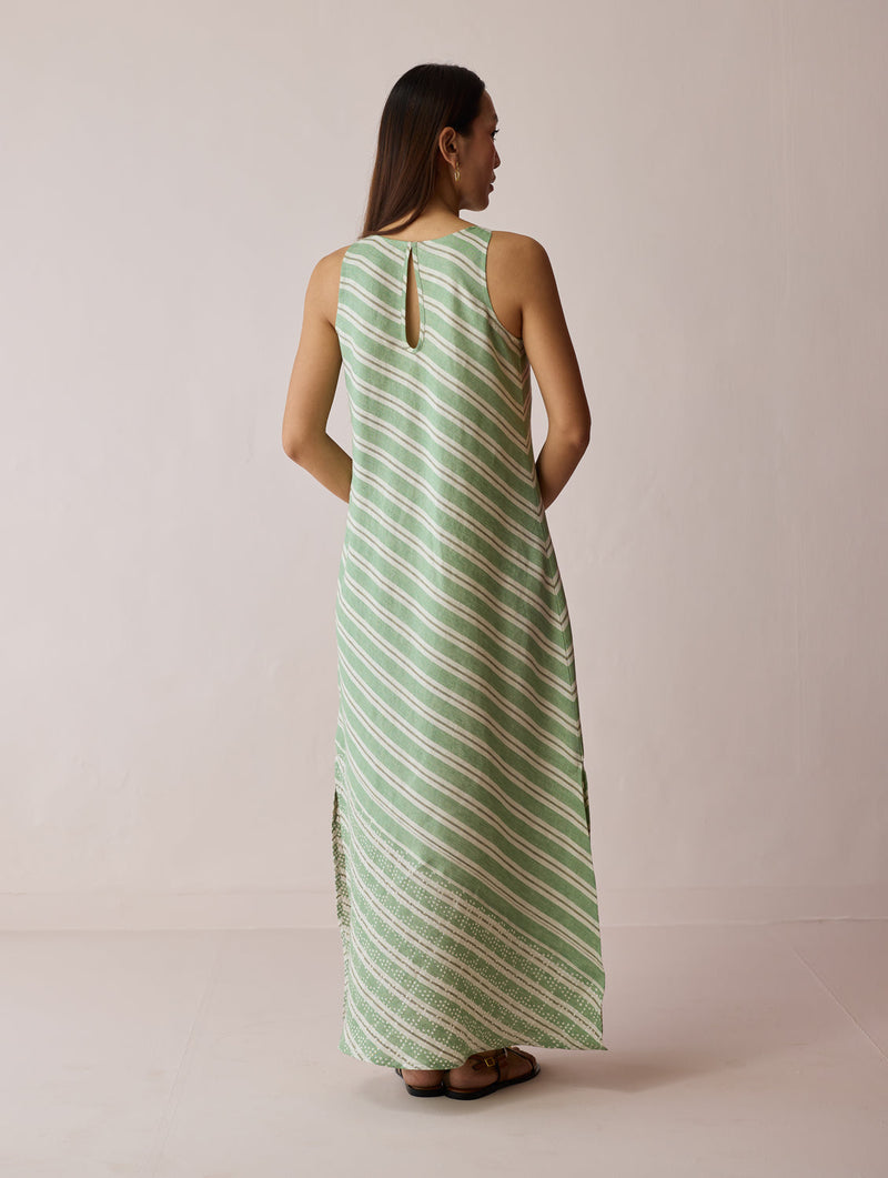Orta Stripe Linen Bias Sleeveless Dress-Fern linen dress by Manan in green for women in Singapore