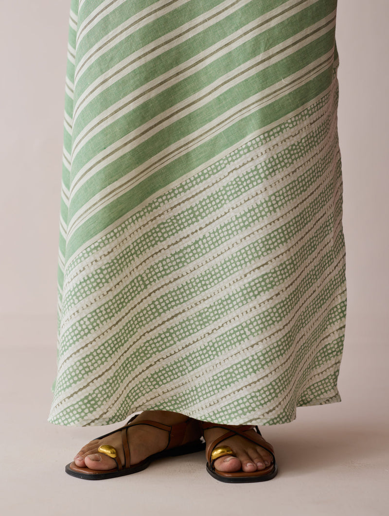 Orta Stripe Linen Bias Sleeveless Dress-Fern linen dress by Manan in green for women in Singapore