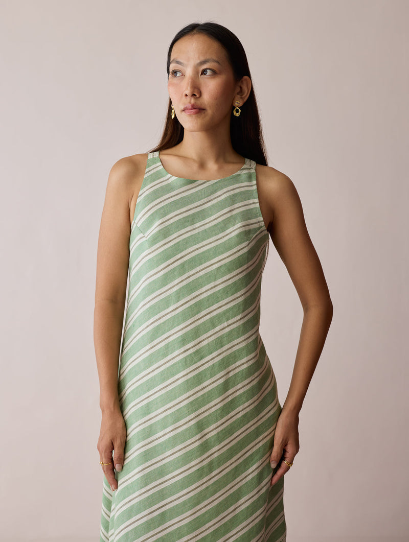 Orta Stripe Linen Bias Sleeveless Dress-Fern linen dress by Manan in green for women in Singapore