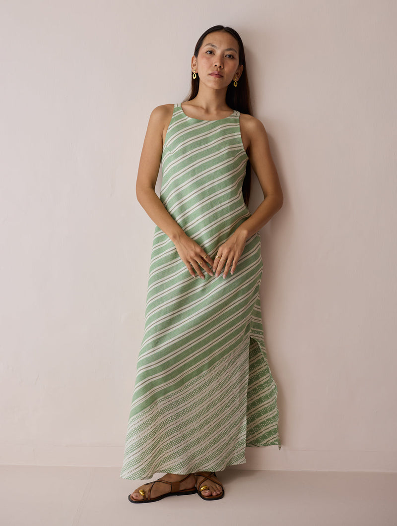 Orta Stripe Linen Bias Sleeveless Dress-Fern linen dress by Manan in green for women in Singapore