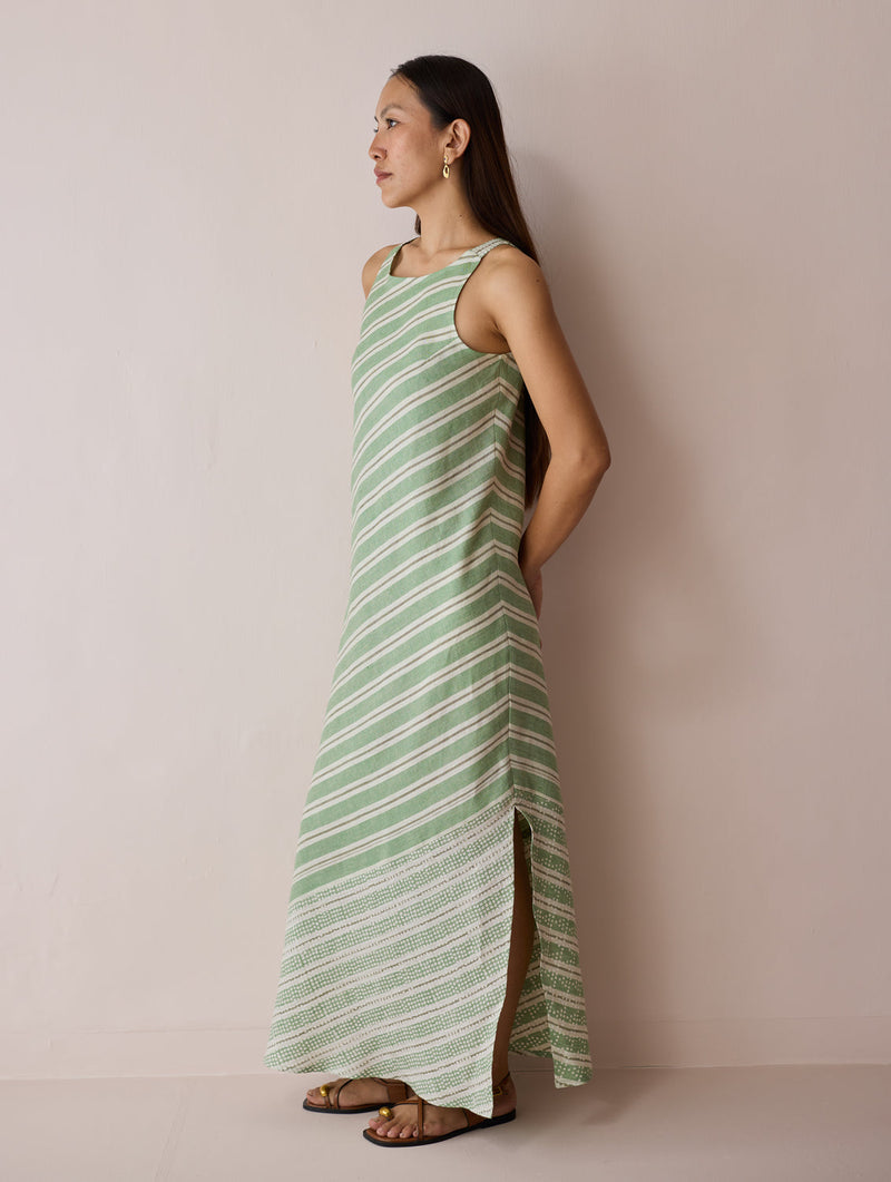 Orta Stripe Linen Bias Sleeveless Dress-Fern linen dress by Manan in green for women in Singapore