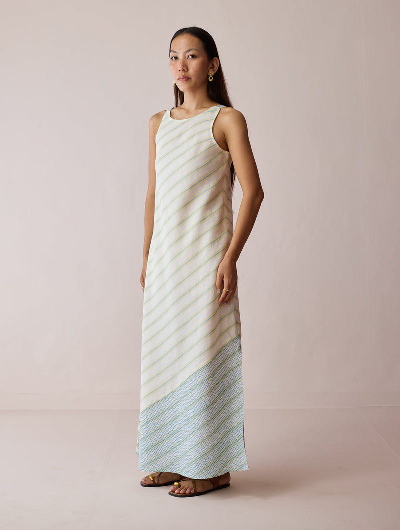 Orta Stripe Linen Bias Sleeveless Dress-Ivory linen dress by Manan in ivory for women in Singapore