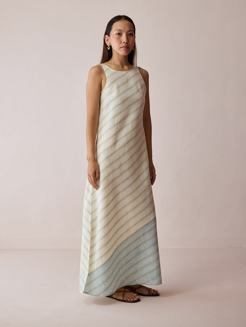 Orta Stripe Linen Bias Sleeveless Dress-Ivory linen dress by Manan in ivory for women in Singapore