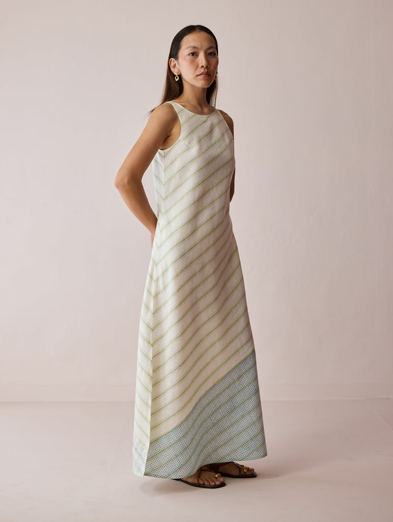 Orta Stripe Linen Bias Sleeveless Dress-Ivory linen dress by Manan in ivory for women in Singapore