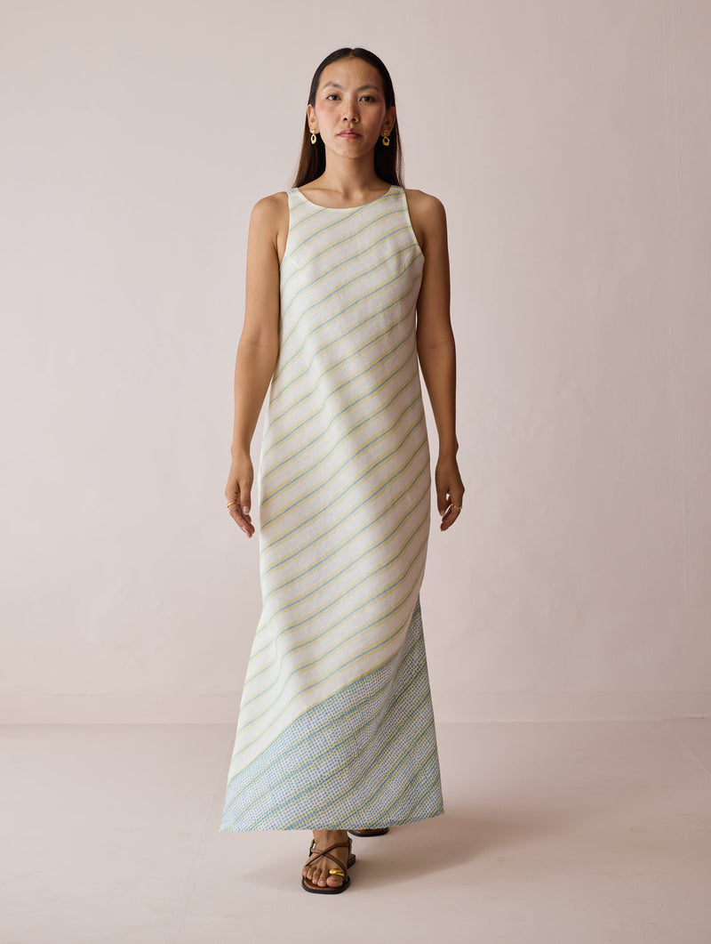 Orta Stripe Linen Bias Sleeveless Dress-Ivory linen dress by Manan in ivory for women in Singapore