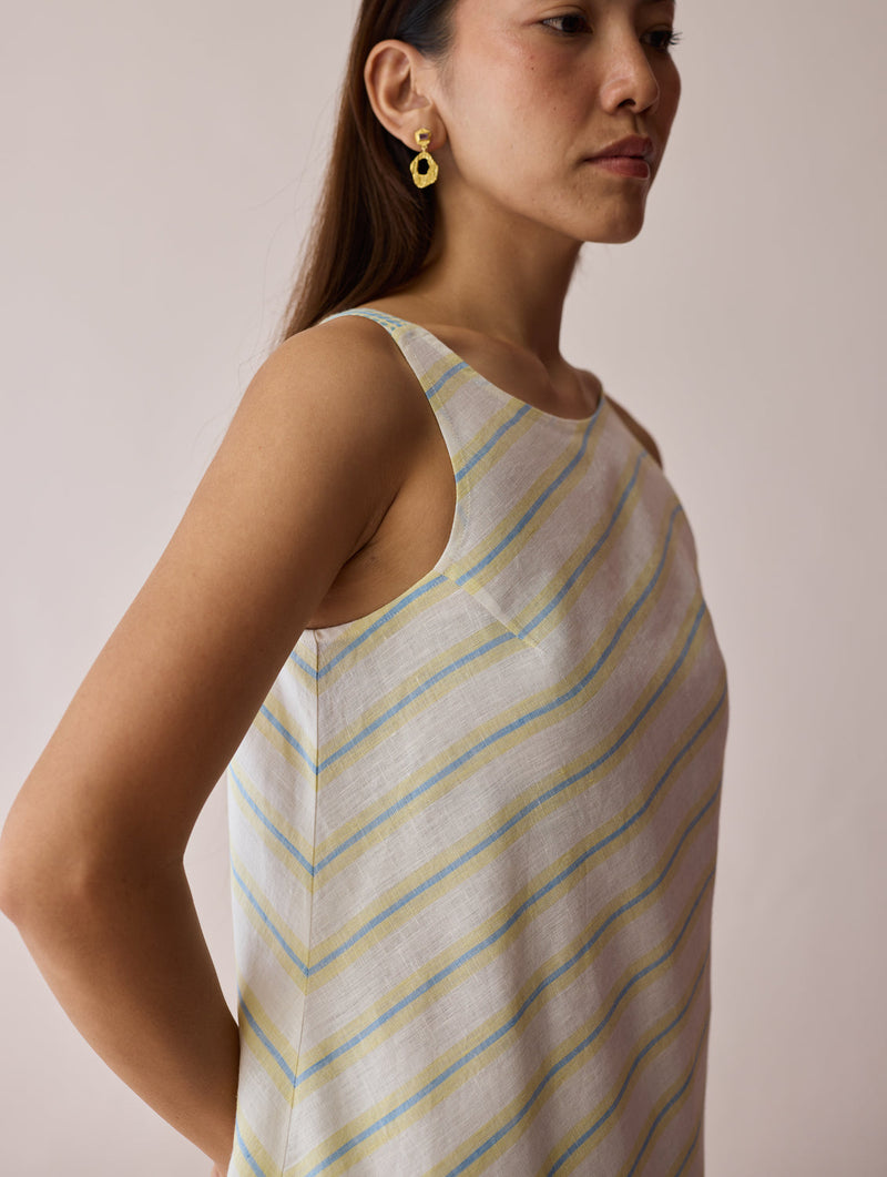 Orta Stripe Linen Bias Sleeveless Dress-Ivory linen dress by Manan in ivory for women in Singapore