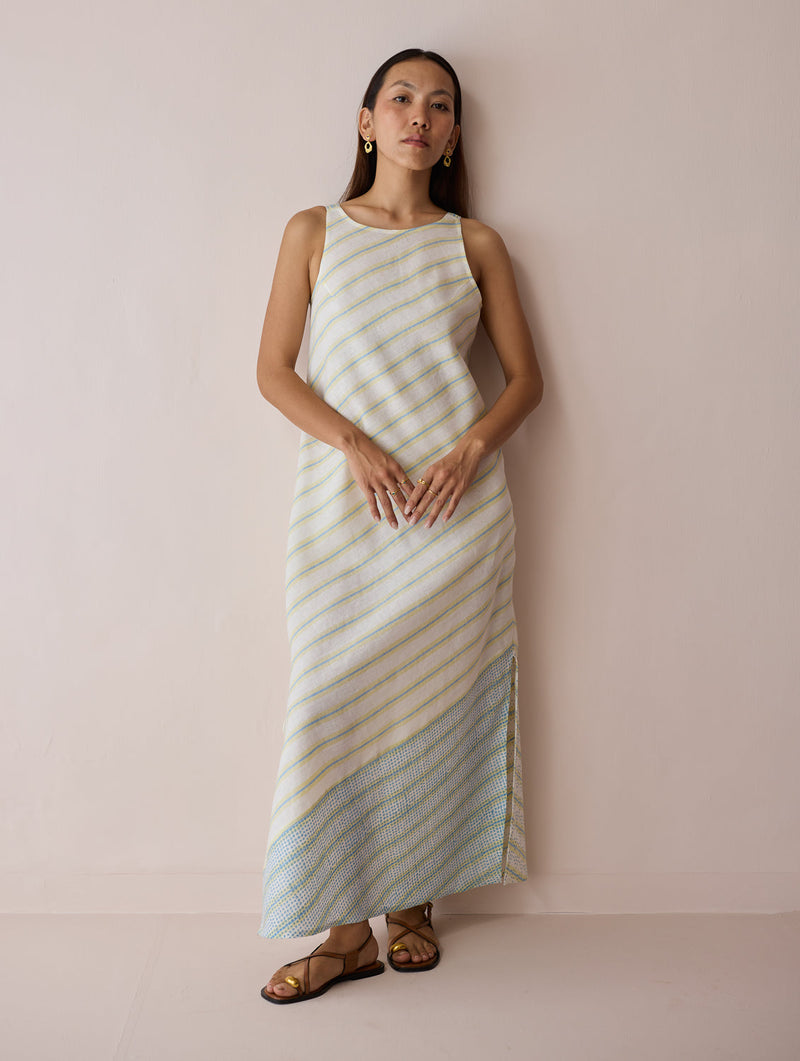Orta Stripe Linen Bias Sleeveless Dress-Ivory linen dress by Manan in ivory for women in Singapore