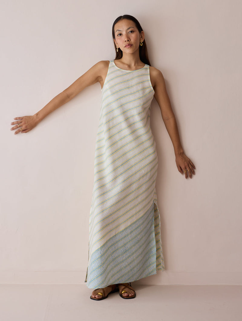 Orta Stripe Linen Bias Sleeveless Dress-Ivory linen dress by Manan in ivory for women in Singapore