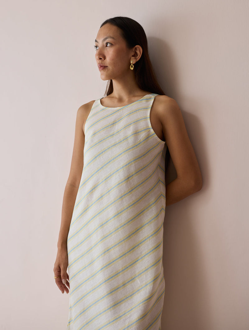Orta Stripe Linen Bias Sleeveless Dress-Ivory linen dress by Manan in ivory for women in Singapore