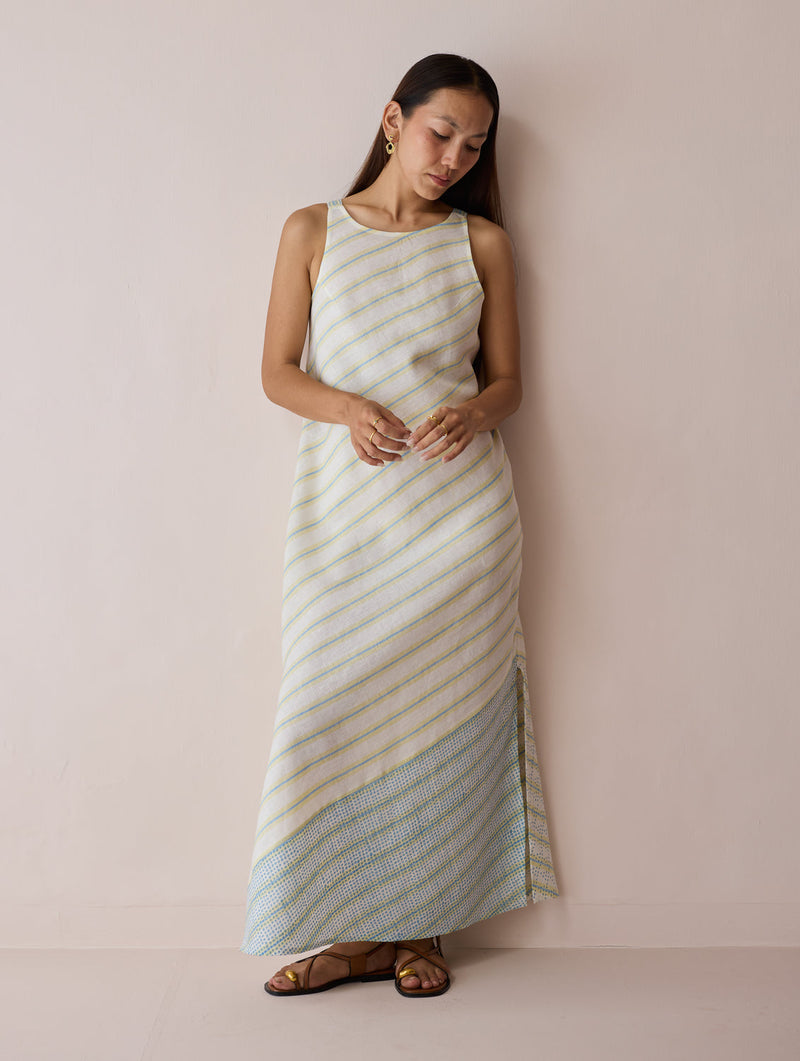 Orta Stripe Linen Bias Sleeveless Dress-Ivory linen dress by Manan in ivory for women in Singapore