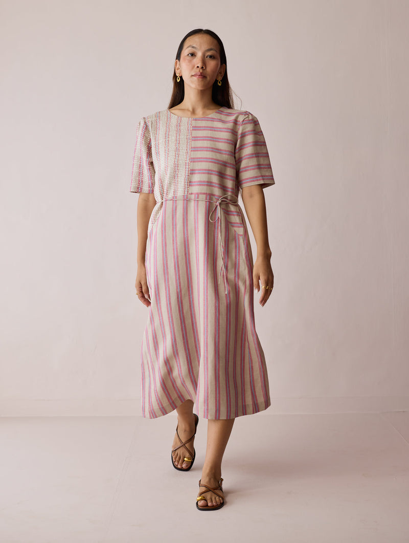 Sola Patchwork Block-Printed Linen Dress-Natural linen dress by Manan in off white for women in Singapore