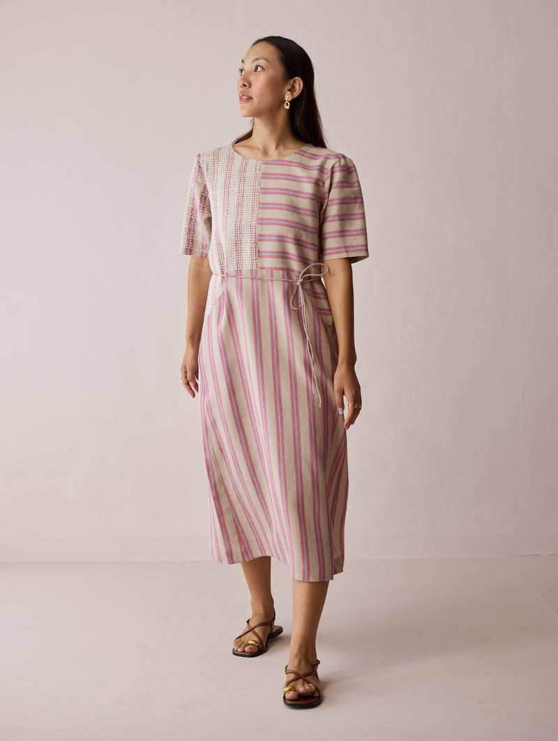 Sola Patchwork Block-Printed Linen Dress-Natural linen dress by Manan in off white for women in Singapore