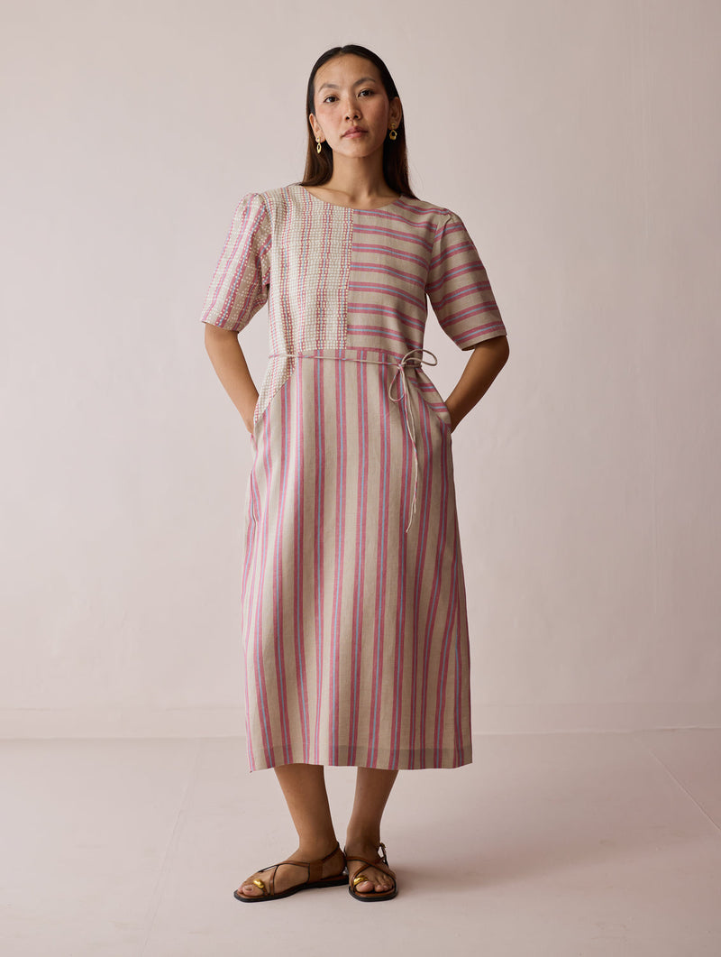 Sola Patchwork Block-Printed Linen Dress-Natural linen dress by Manan in off white for women in Singapore