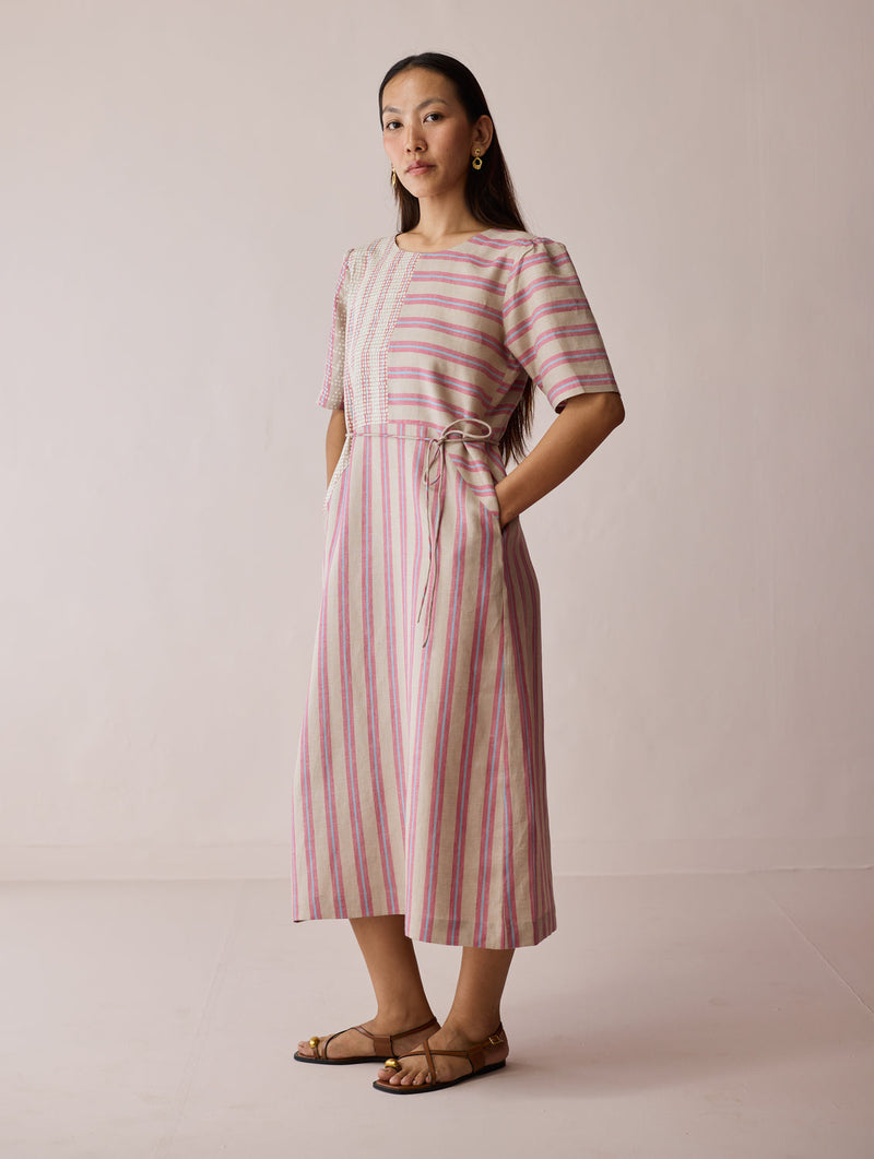 Sola Patchwork Block-Printed Linen Dress-Natural linen dress by Manan in off white for women in Singapore