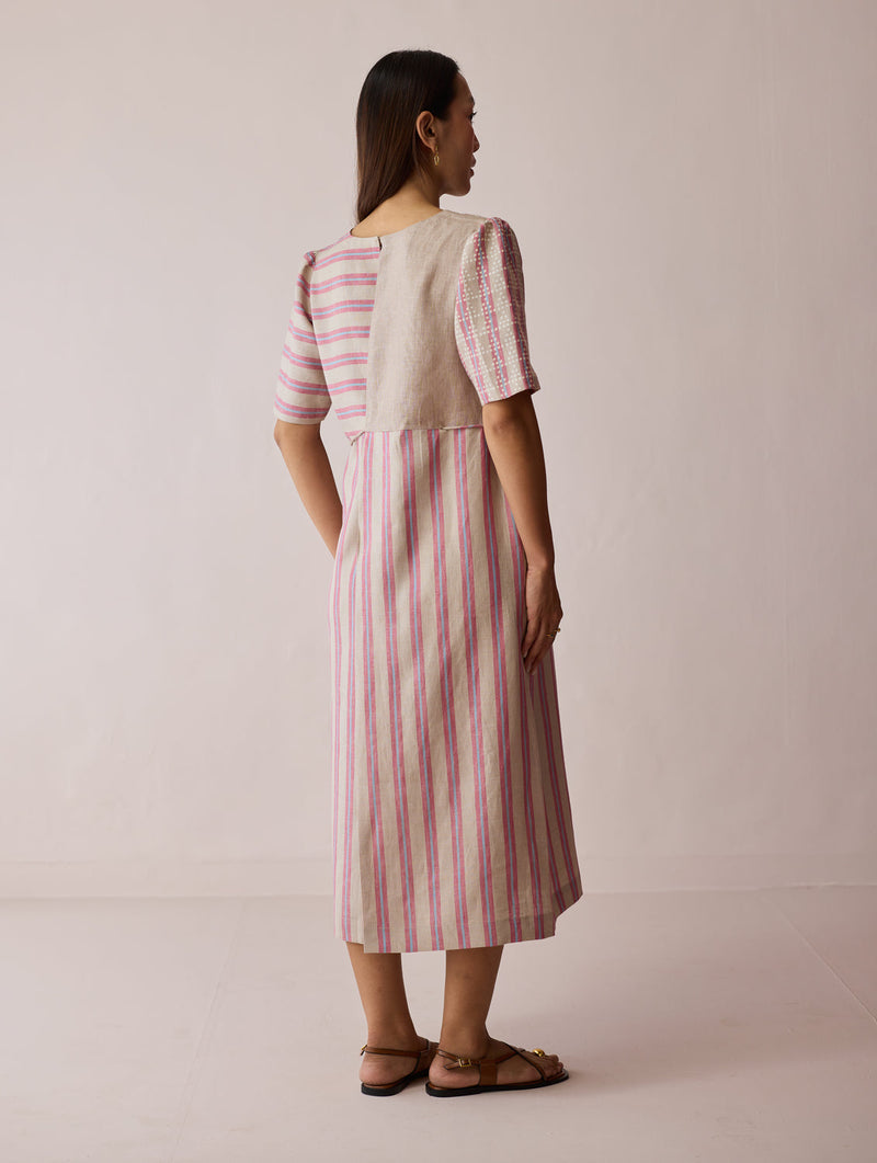 Sola Patchwork Block-Printed Linen Dress-Natural linen dress by Manan in off white for women in Singapore
