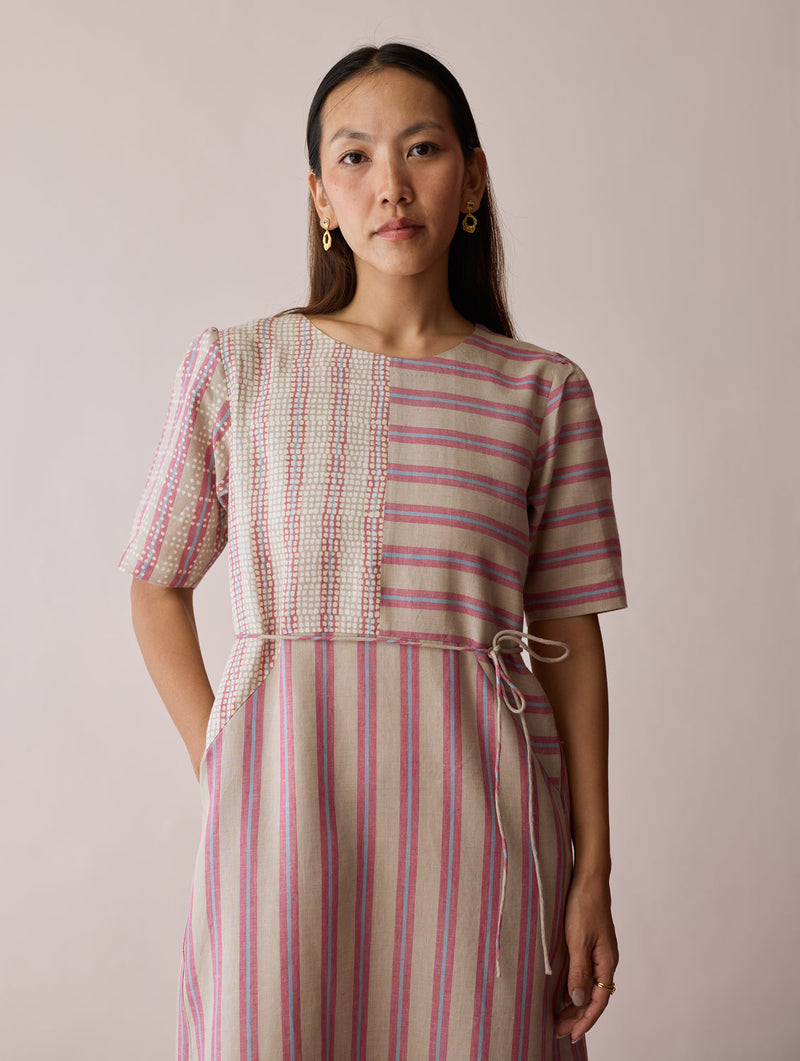 Sola Patchwork Block-Printed Linen Dress-Natural linen dress by Manan in off white for women in Singapore